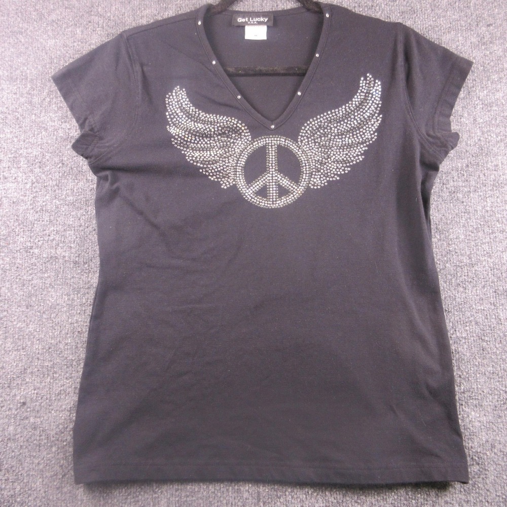 Get Lucky Shirt Womens Medium Black Rhinestone Wings Peace V Neck Tee Graphic‎